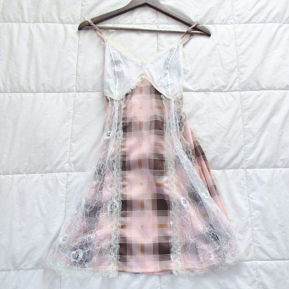 no brand Dresses & Skirts - Cute Dainty Pink Plaid Print Mini Dress With Lace Detail and open Tie Back